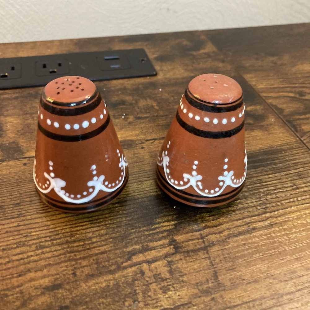 Vintage Portugal Hand Painted Terracotta Salt Pepper Shakers Rustic Folk Redware